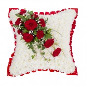 SYM-333 White Massed 43cm Cushion with Red Rose Spray